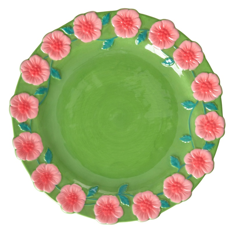 Rice DK Ceramic Dinner Plate with Embossed Flower Design - Green