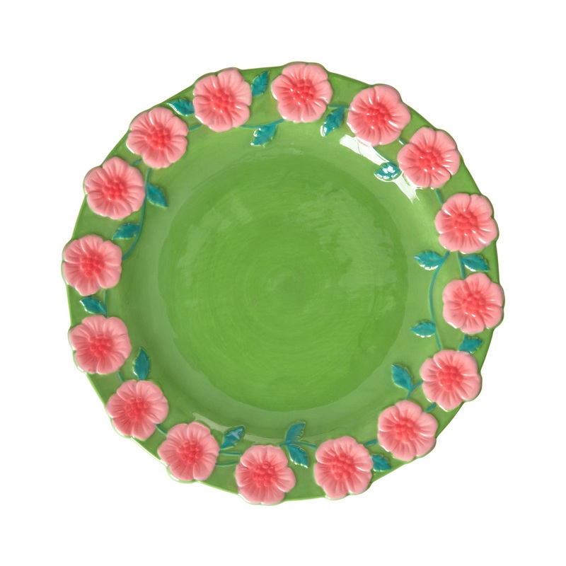 Rice DK Ceramic Lunch Plate with Embossed Flower Design - Green