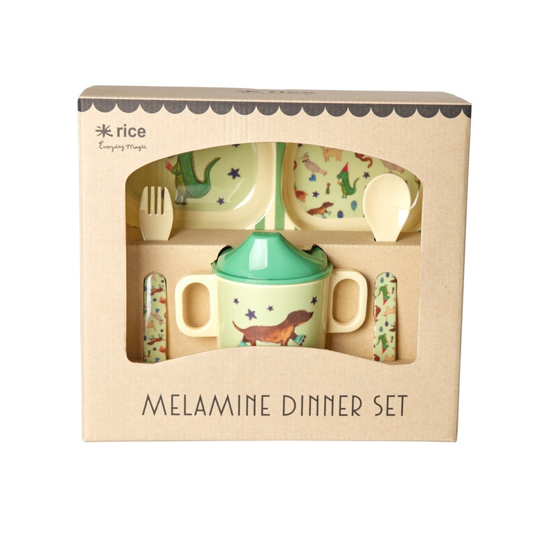 Rice DK Melamine Baby Dinner Set in Gift Box - Animal Green Print - 4 pcs