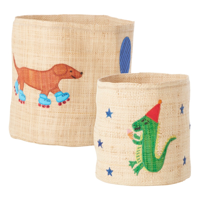 Rice DK Raffia Round Basket with Blue Party Animal Theme