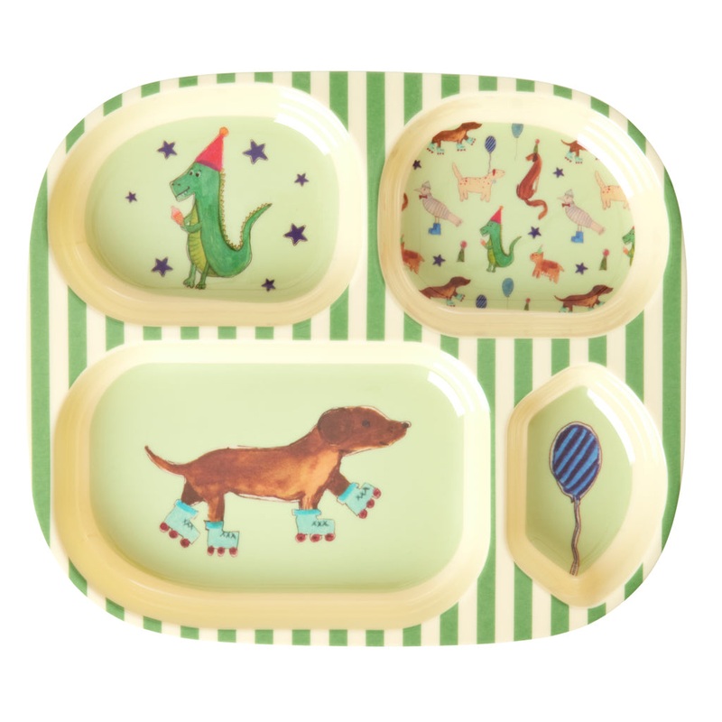 Rice DK Melamine Kids 4 Room Plate with Animal Print - Green