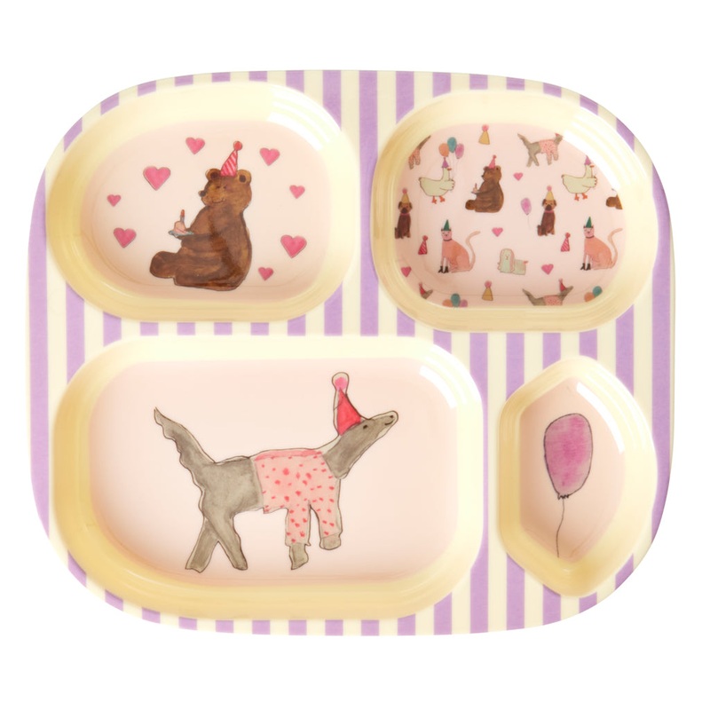 Rice DK Melamine Kids 4 Room Plate with Animal Print - Lavender