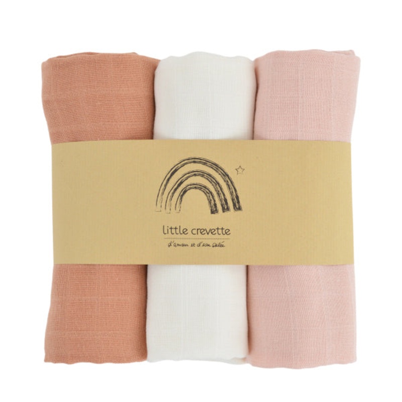 Little Crevette Set of 3 Swaddles 60x60cm Coral + Terracotta + Ecru