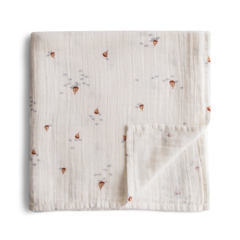 Mushie Organic Cotton Muslin Swaddle Blanket - Boats