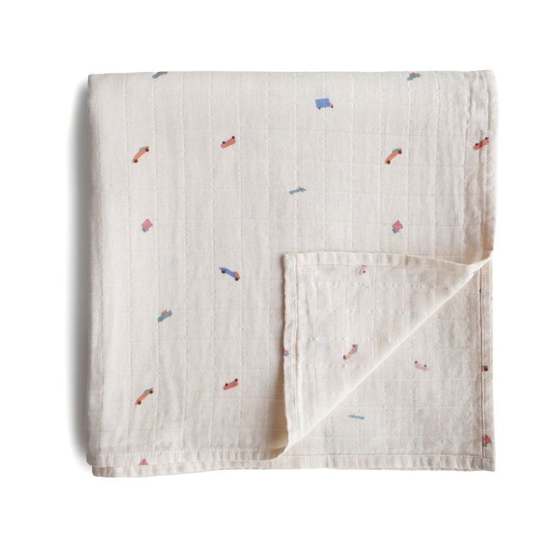 Mushie Organic Cotton Muslin Swaddle Blanket - Cars