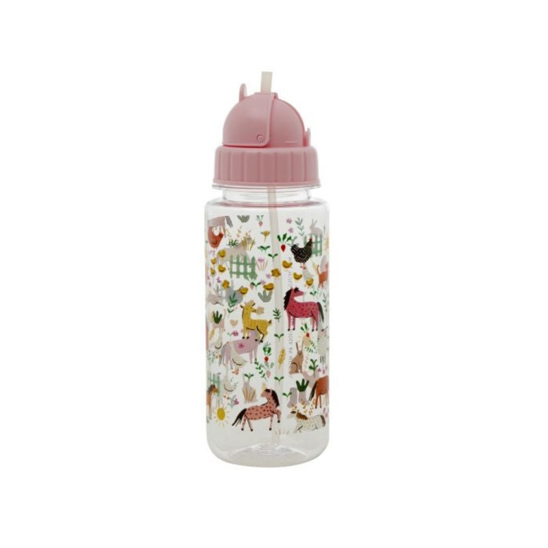 Rice DK Plastic Kids Drinking Bottle - Pink Farm Print 500ml