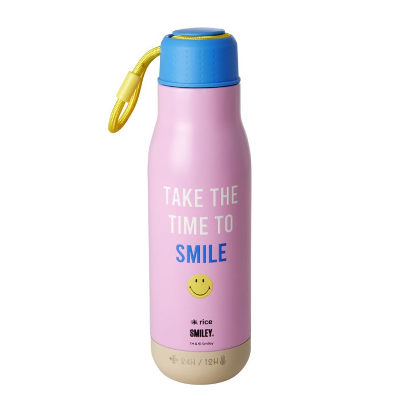 Rice DK Stainless Steel Drinking Bottle in Pink with Smiley Print - 12h Hot / 24h Cold