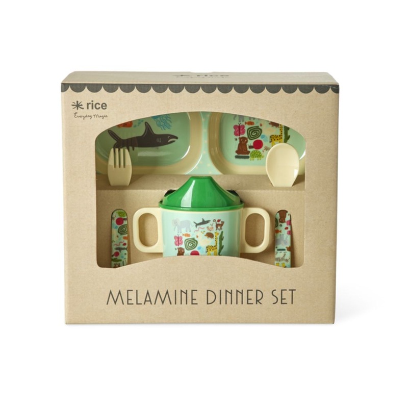 Rice DK Melamine Baby Dinner Set in Gift Box - Wildlife Print - Mint - 4 pcs