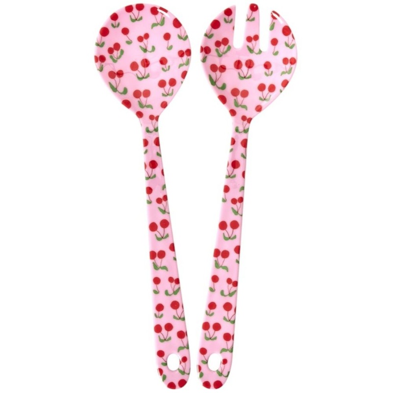 Rice DK Melamine Salad Spoon and Fork with Pink Cherries Print