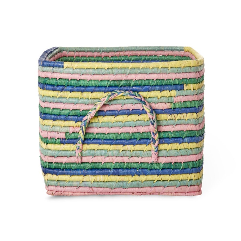 Rice DK Raffia Square Basket with Stripes and Raffia Handles