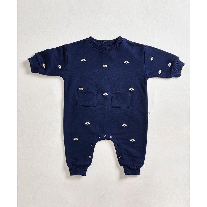 Oeuf Embroidered Terry Romper Indigo