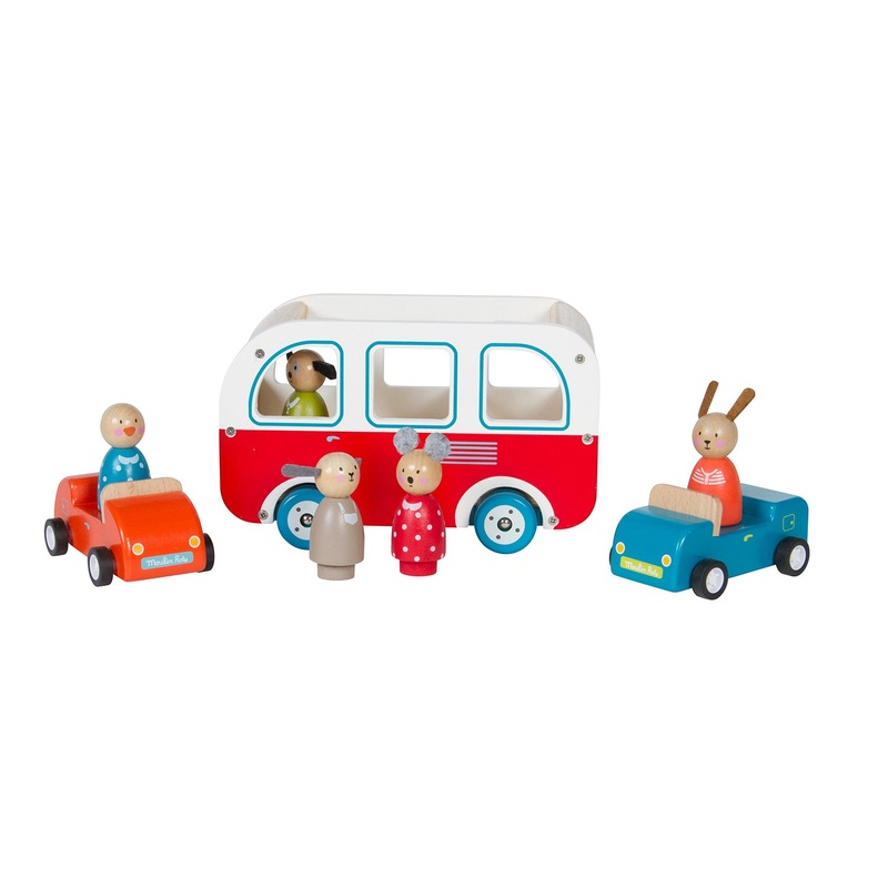 Moulin Roty La Grande Famille Wooden Bus with Dog Driver in 4C Gift Box