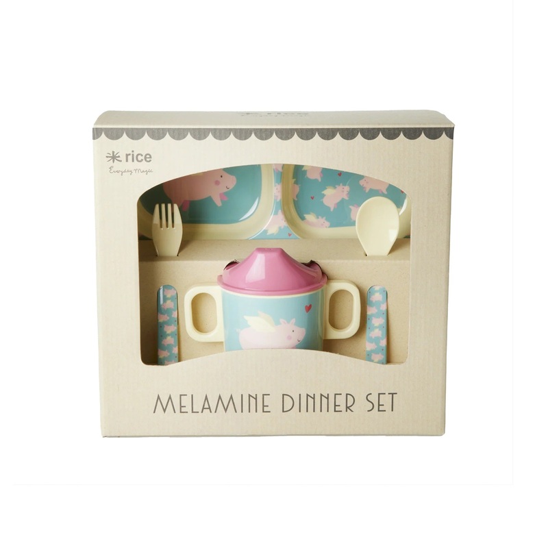 Rice DK Melamine Baby Dinner Set in Gift Box - Flying Pig Print - 4 pcs