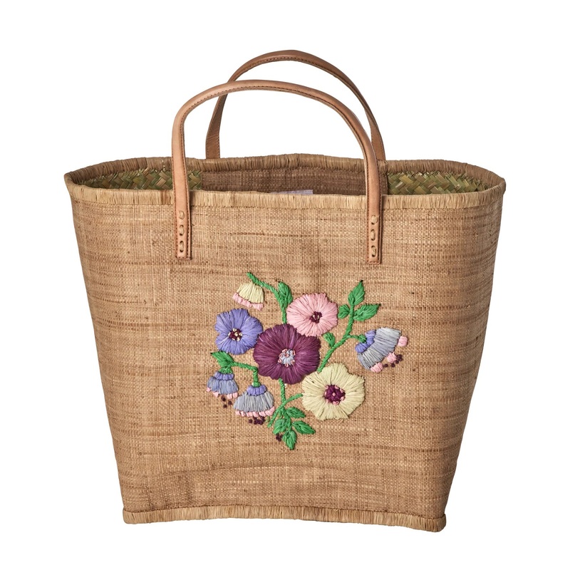 Rice DK Raffia Bag with Heavy Flower Embr. in Tea - Leather Handles - Large