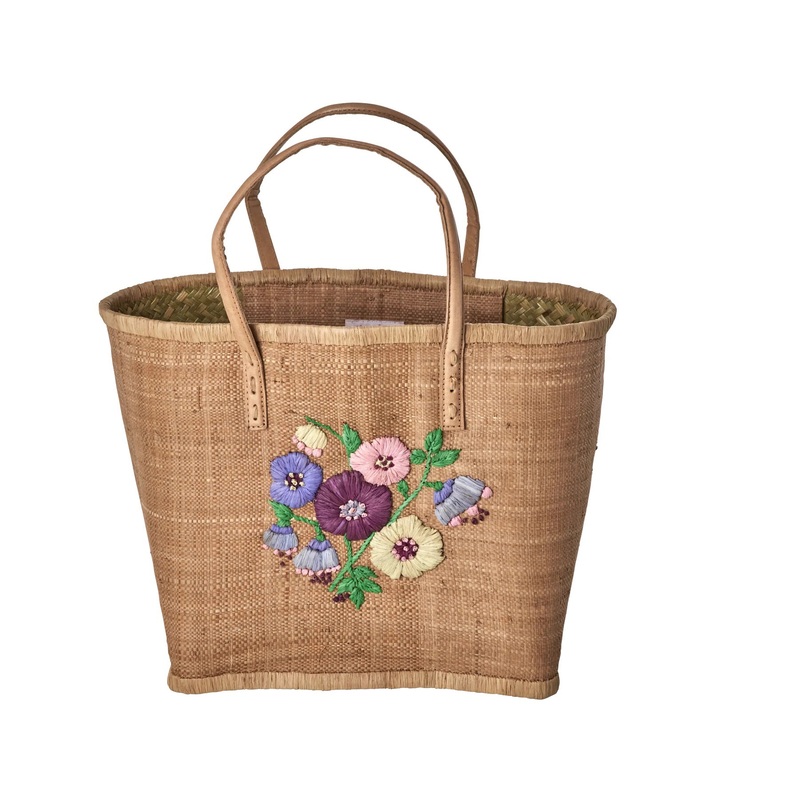 Rice DK Raffia Bag with Heavy Flower Embr. in Tea - Leather Handles - Medium