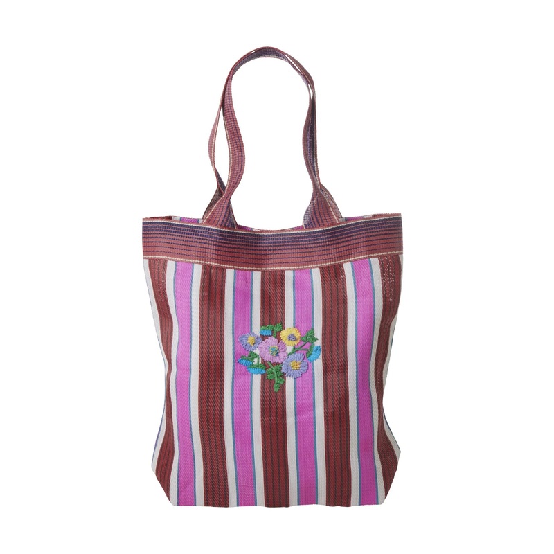 Rice DK Recycled Plastic Shopping Bag in Stripes with Embroidered Flower
