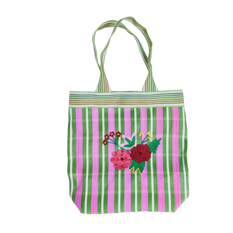 Rice DK Recycled Plastic Shopping Bag with Embroidered Flower Stripes