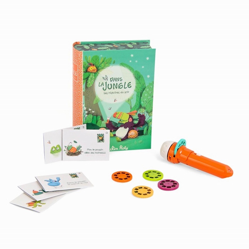 Moulin Roty Dans La Jungle Story-Telling Set in Gift Book Box, Including Torchlight, 5 Jungle Animals Stories and 5 Invitation Enveloppes. 12X16.5CM