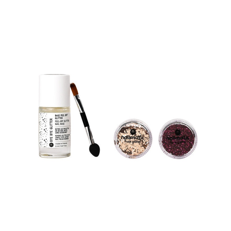 Nailmatic Set: Large Gold Glitter + Medium Dark Pink Glitter + Byebye Glitter + Applicator Brush