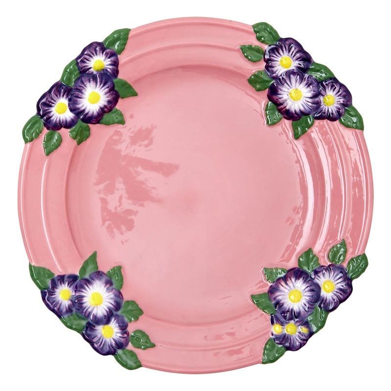 Rice DK Ceramic Dinner Plate with Embossed Flower Design - Pink