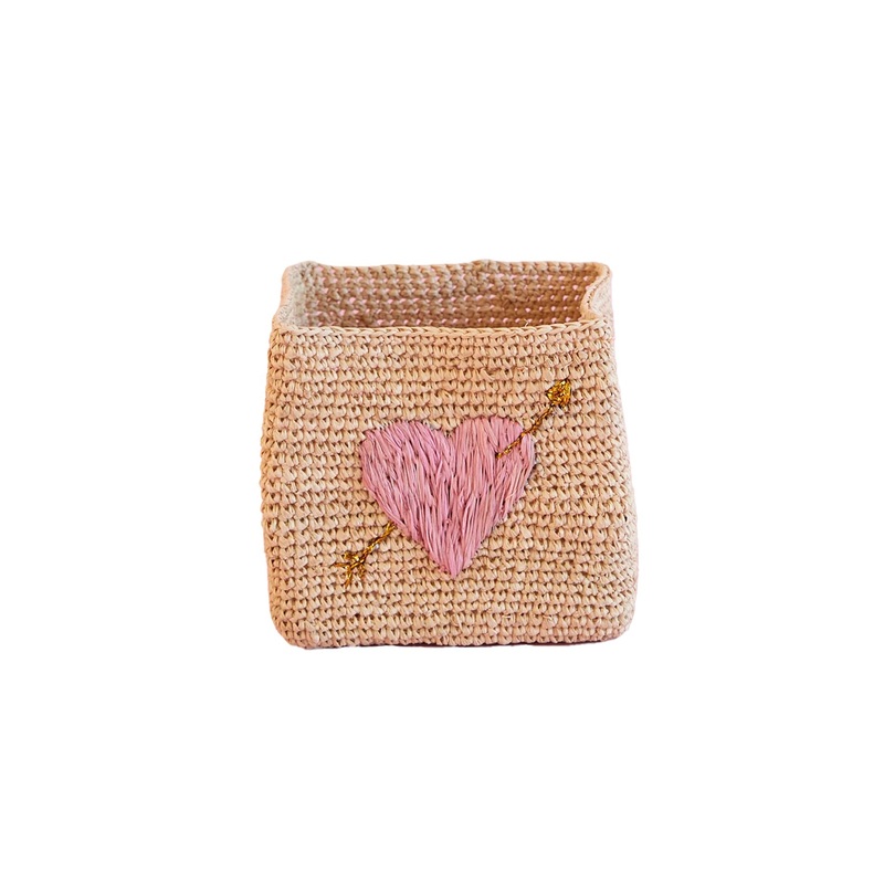 Rice DK Large Square Raffia Storage Basket - Natural - Pink Heart Embroidery