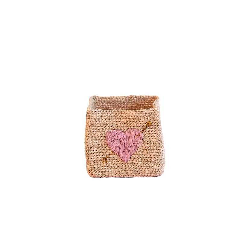 Rice DK Small Square Raffia Storage Basket - Natural - Pink Heart Embroidery