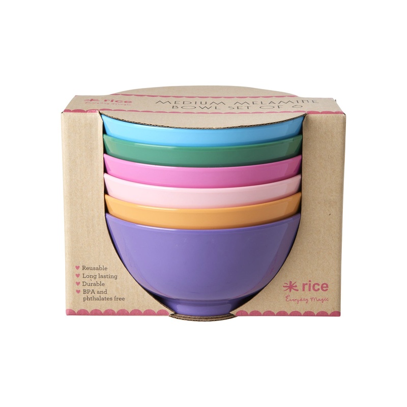 Rice DK Melamine Medium Bowl in 6 Asst. Colors - 6 Pack - 700ml