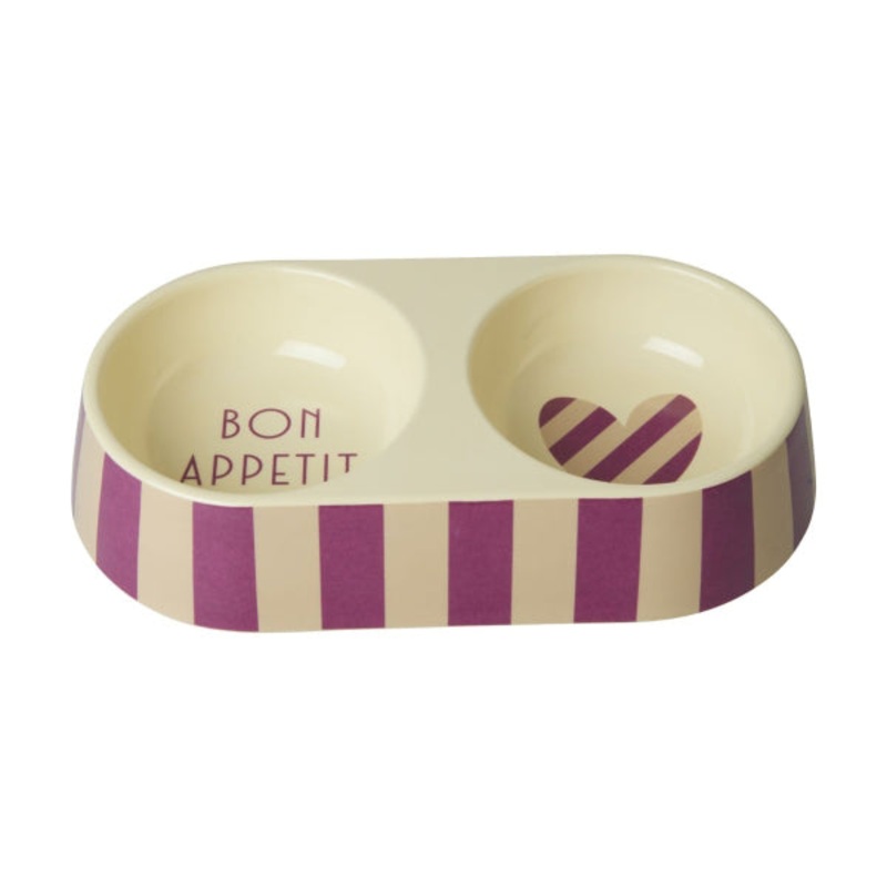 Rice DK Melamine Pet Bowl for Food and Water - Striped Heart - 2 Rooms