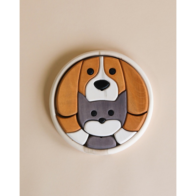 Bumbu Handmade Wooden Round Cat and Dog Puzzle