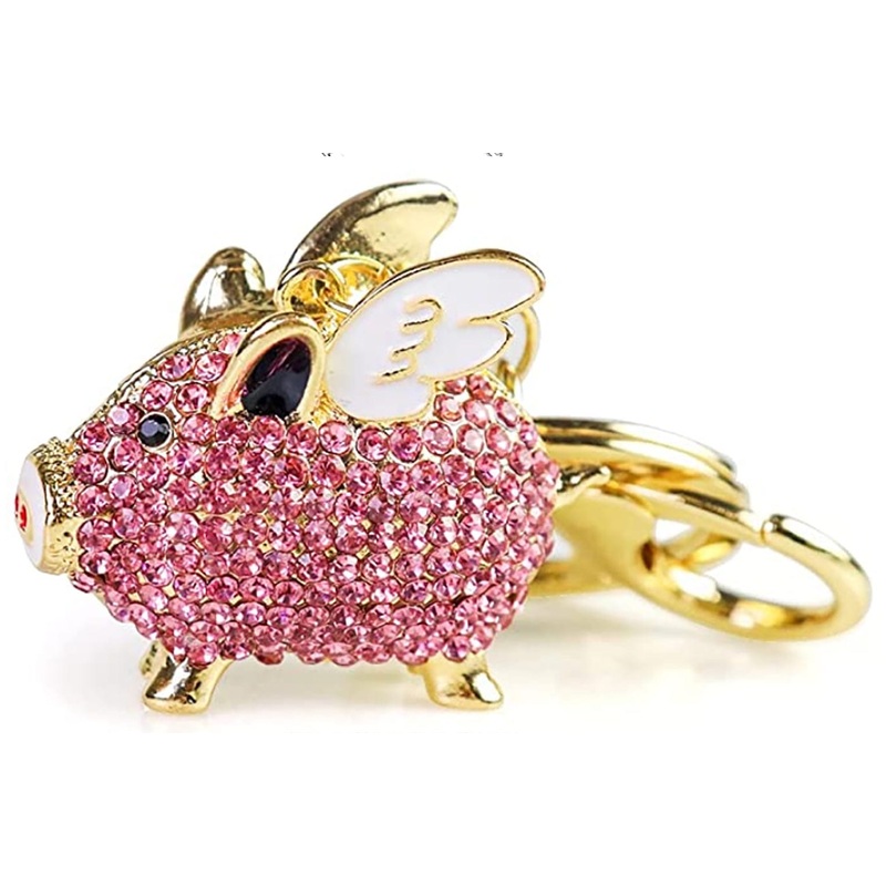 Pink Flying Pig Sparkling Angelic Piggy Gold Finish Keychain