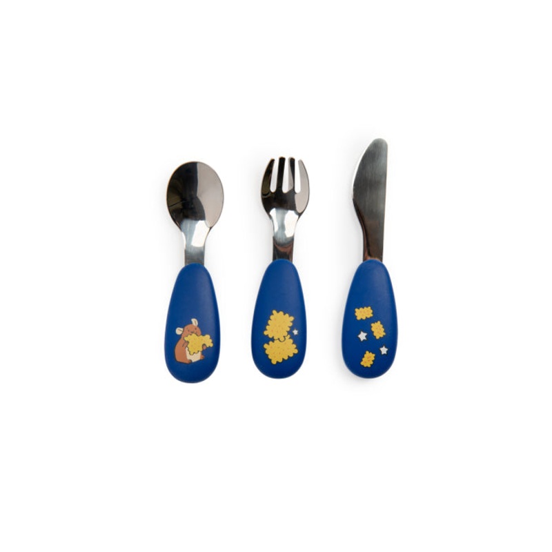 Moulin Roty Puce & Pilou Set of 3 Baby-Safe Silicone and Stainless Steel Cutlery: Fork, Knife and Spoon
