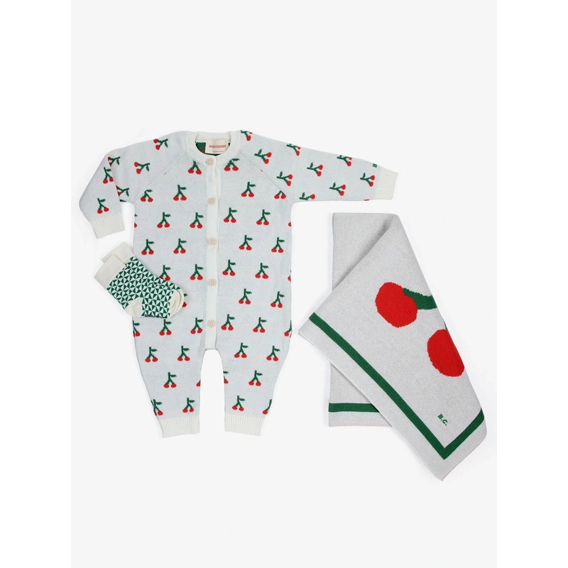 Bobo Choses Baby Cherry All Over Knitted Overall Gift Set - Offwhite
