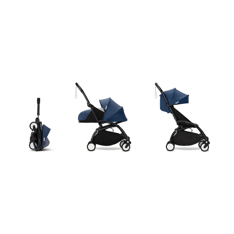 Stokke YOYO 0+ 6+ Complete Baby Stroller Set - Black Frame with Air France Blue 0+ Newborn Pack & 6+ Color Pack