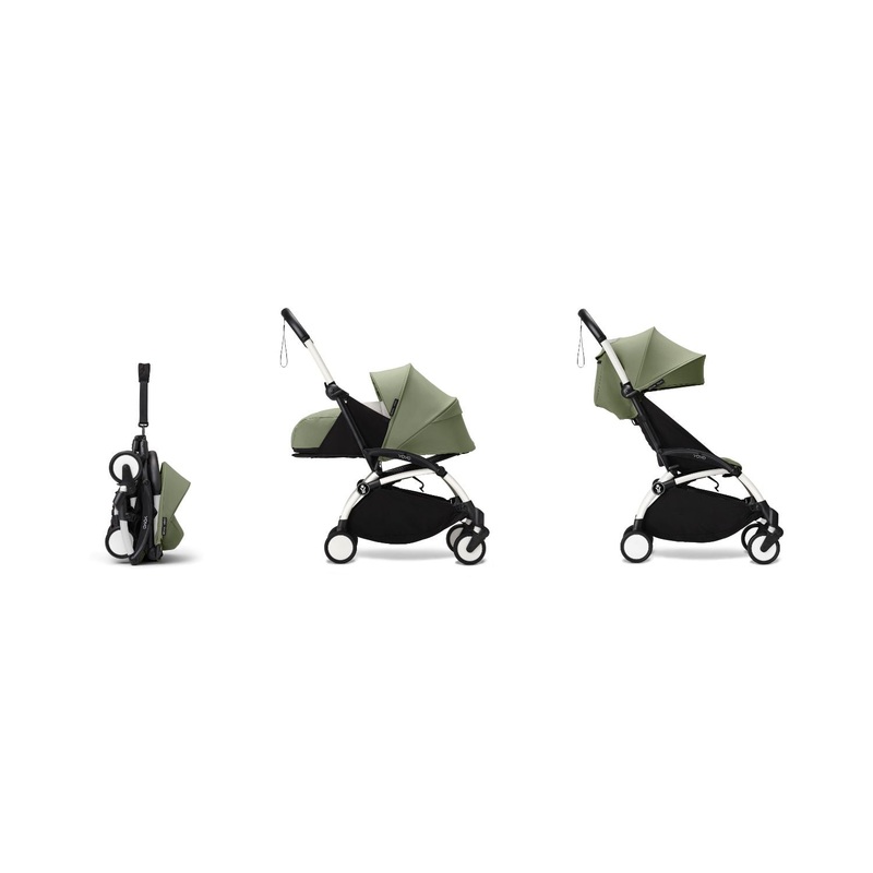 Stokke YOYO 0+ 6+ Complete Baby Stroller Set - White Frame with Olive 0+ Newborn Pack & 6+ Color Pack