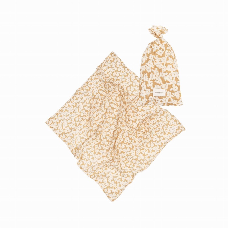 nobodinoz Birth Gift Washed Muslin Swaddle Wabi-Sabi Golden Brown Sakura Blossom