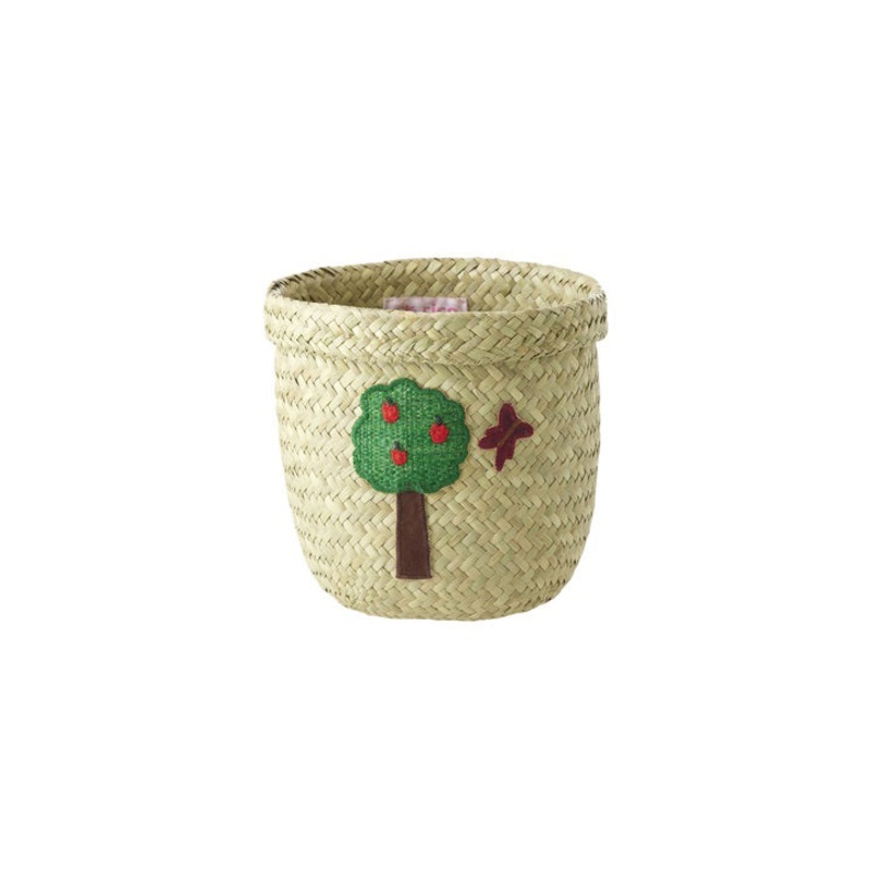 Rice DK Round Raffia Baskets with Happy Forest Embroidery - Small