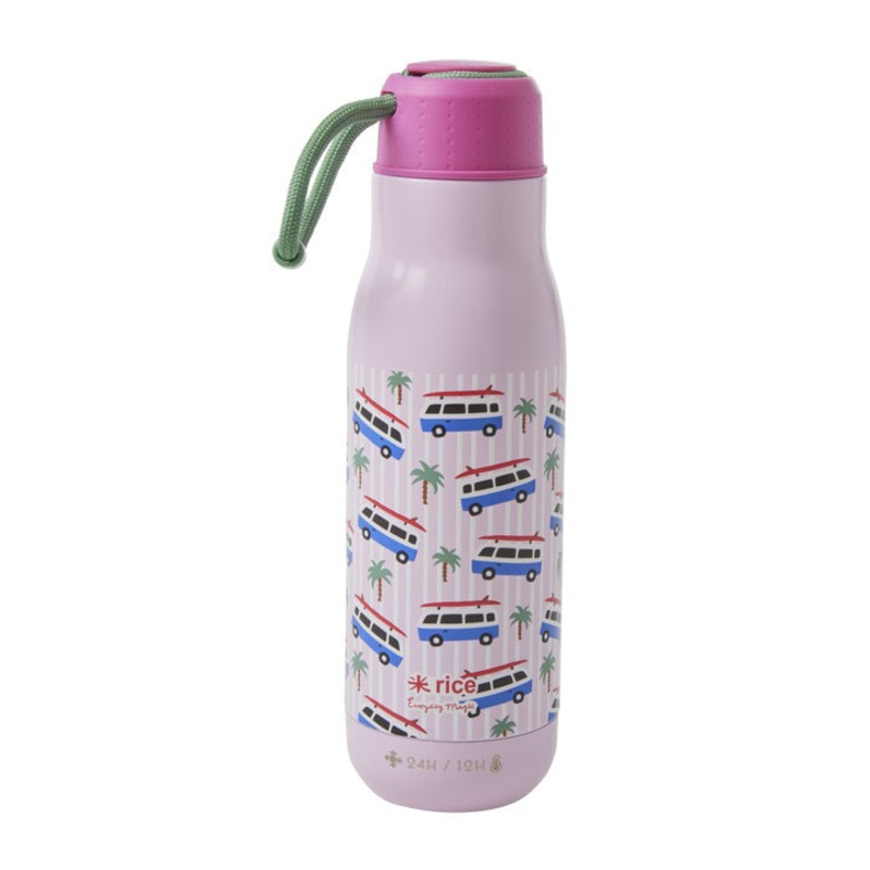 Rice DK Stainless Steel Drinking Bottle with Pink Cars Print - 12h Hot/24h Cold - 500 ml