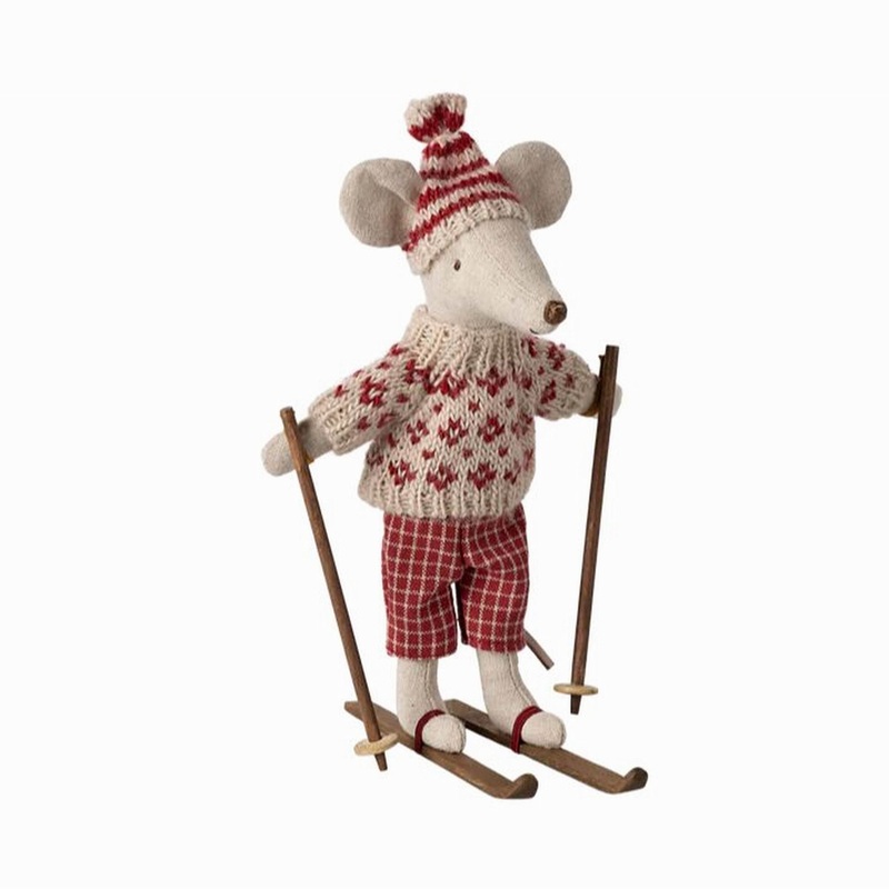 Maileg Winter Mouse With Ski Set, Mum  Red