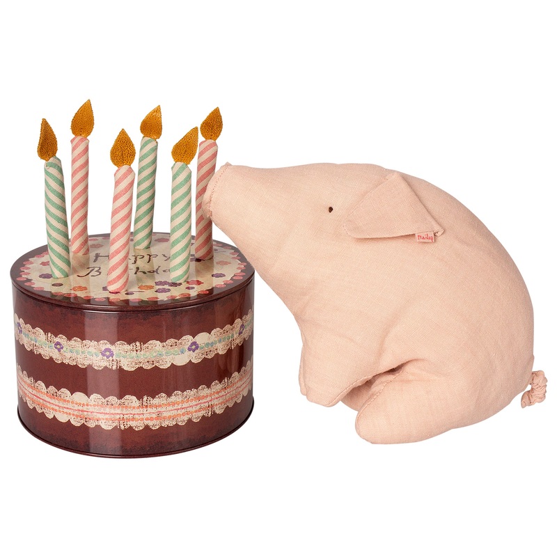 Maileg Birthday Pig in Cake Box with Candles