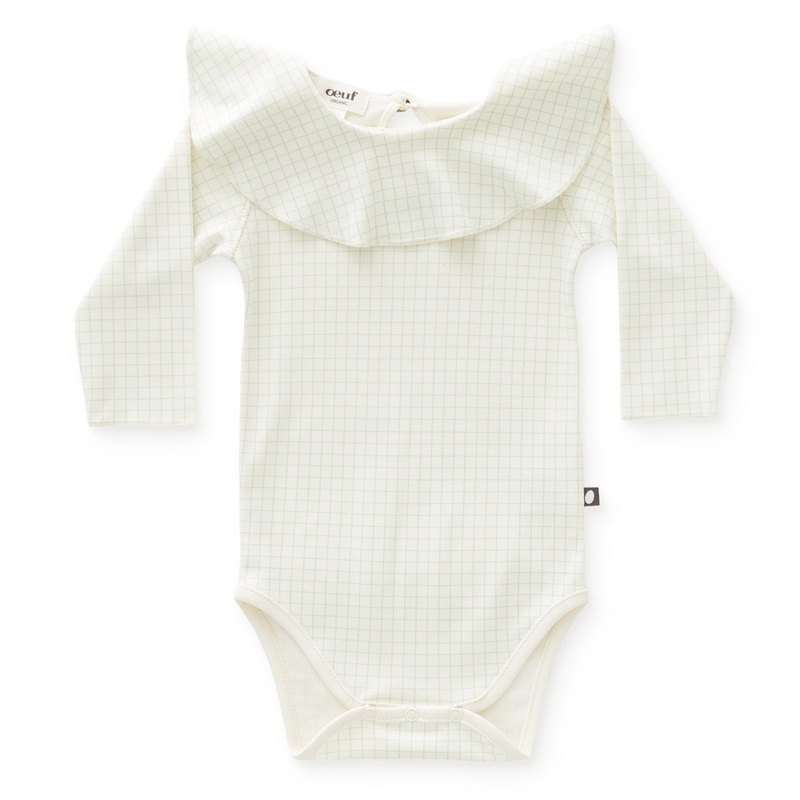 Oeuf LS Ruffle Collar Onesie White/Checks