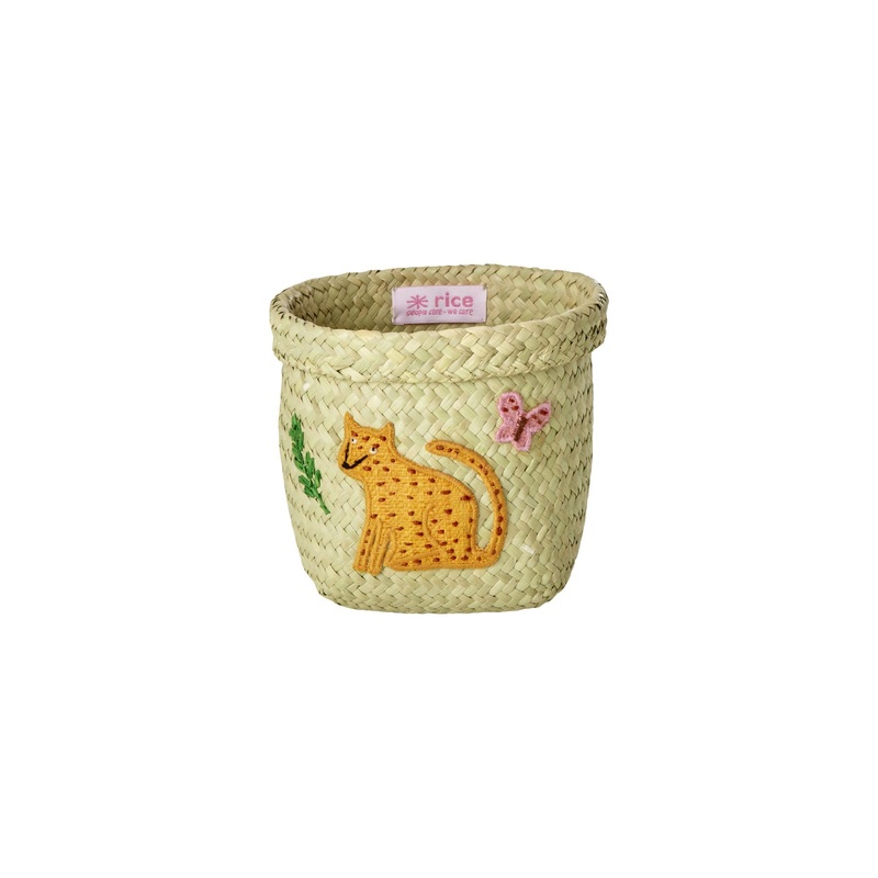 Rice DK Extra Small Round Raffia Storage Basket - Natural - Leopard Embroidery