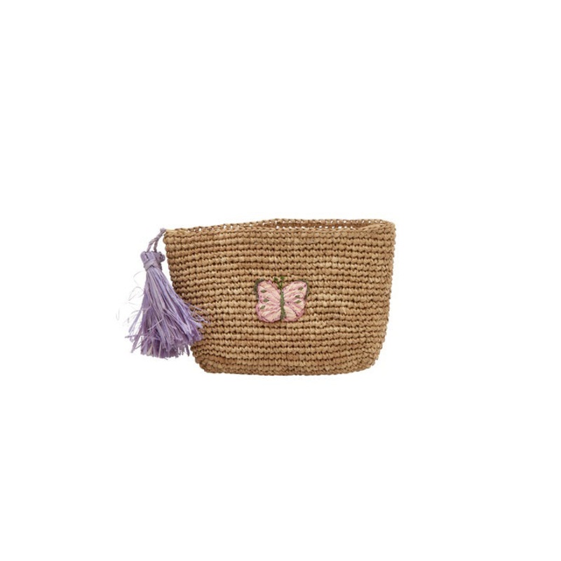 Rice DK Raffia Clutch with Butterfly Application - Lavender Pom Poms in Tea