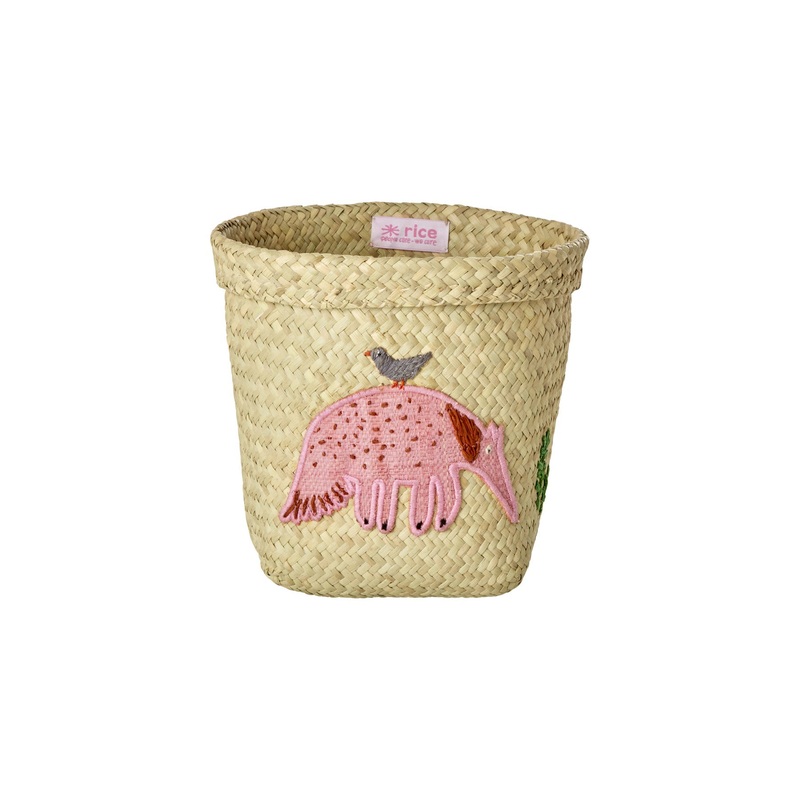 Rice DK Small Round Raffia Storage Basket - Natural - Ant Eater Embroidery