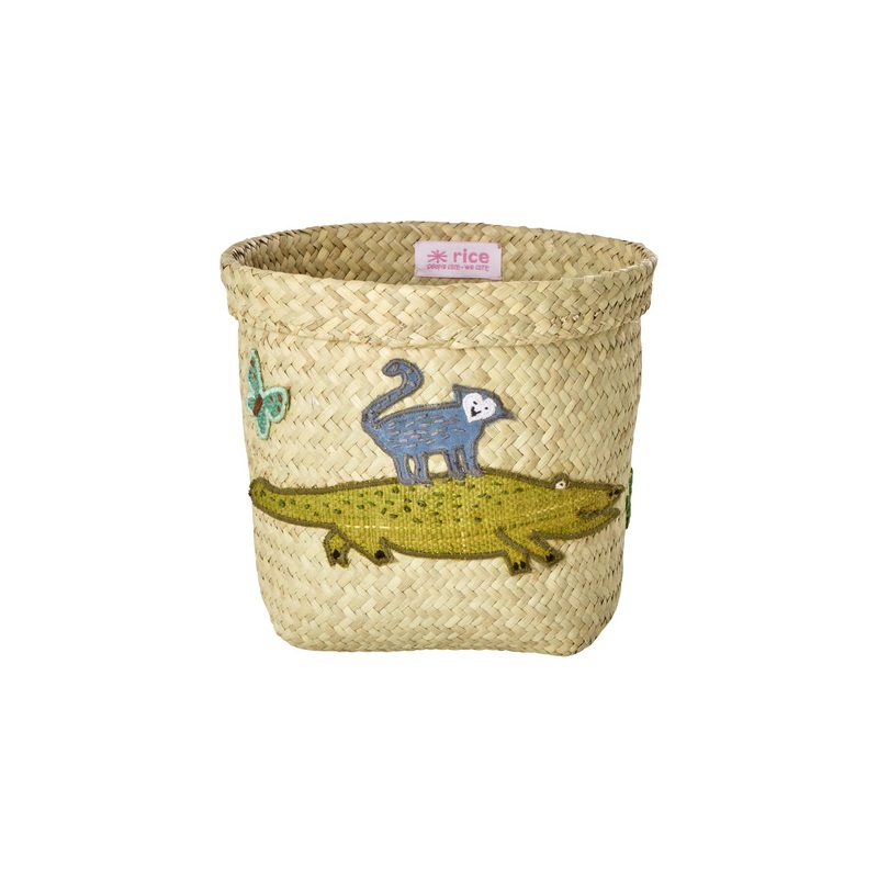 Rice DK Small Round Raffia Storage Basket - Natural - Crocodile Embroidery