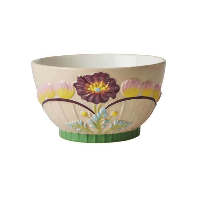 Rice DK Ceramic Bowl with Embossed Flower Design - Soft Sand - 600ml