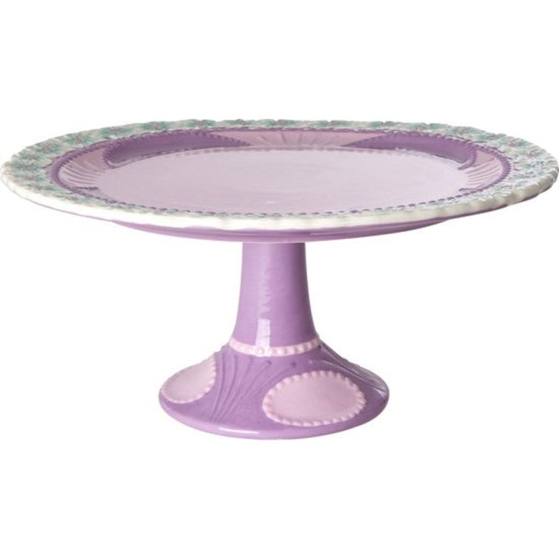Rice DK Ceramic Cake Stand with Embossed Flower Design in Lavender - Low