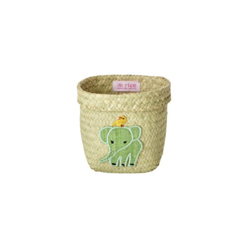 Rice DK Extra Small Round Raffia Storage Basket - Natural - Elephant Embroidery