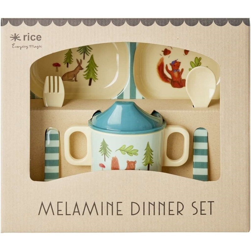 Rice DK Melamine Baby Dinner Set in Gift Box - Blue Happy Forest Print - 4 pcs