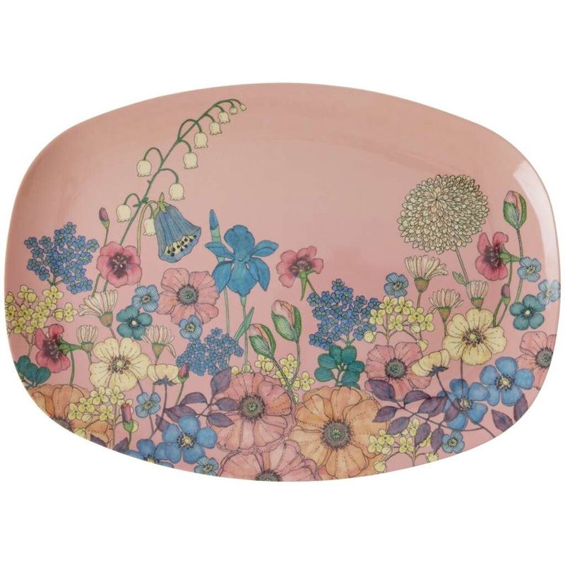 Rice DK Melamine Rectangular Plate with Flower Collage Print - Soft Pink