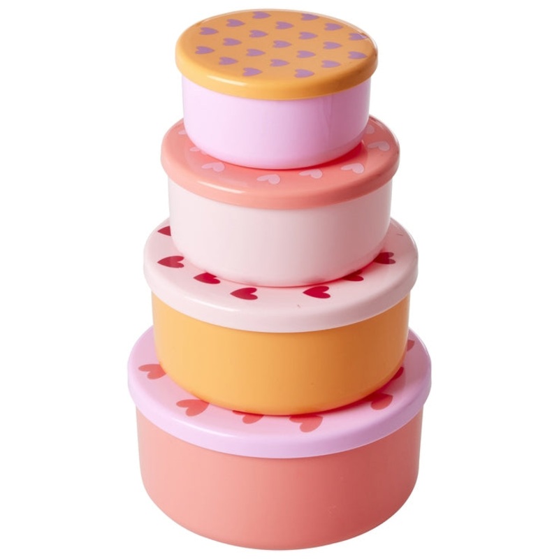 Rice DK Round Plastic Food Boxes with Hearts Prints - Set of 4